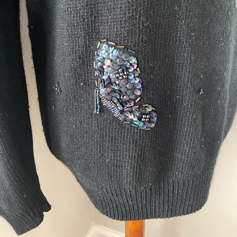 Vtg Black Mockneck Beaded Sequin Butterfly Appliqué Sweater Cottage Coquette L - Picture 4 of 9